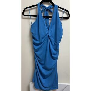 Anthropologie Celandine Ruched Halter Mini Dress L Large Stone Blue NWT